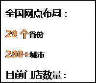 文本框: 全国网点布局：29个省份280+城市目前门店数量：1000+